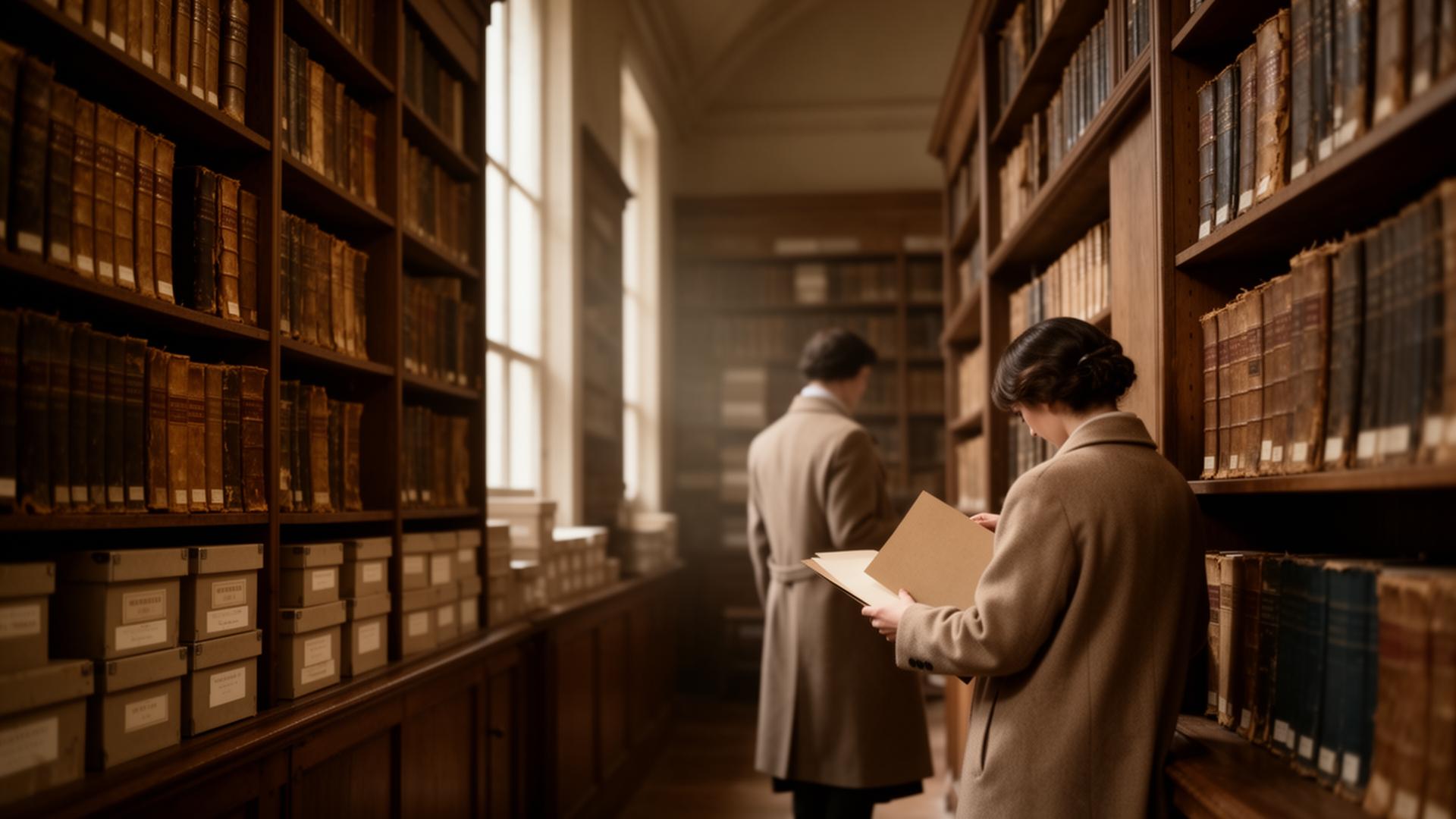 Eine Archivarin studiert Aufzeichnungen in einer ruhigen Bibliothek aus ledergebundenen Bänden und Dokumentenkästen